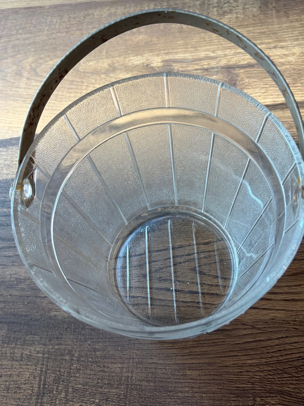 Vintage Clear Textured Glass Ice Bucket with Metal Swing Handle~Mid Century Era